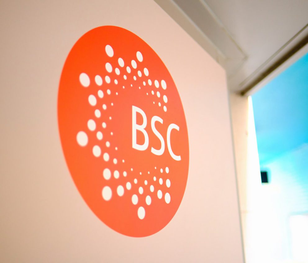 Picture of the BSC logo on the wall next to a window