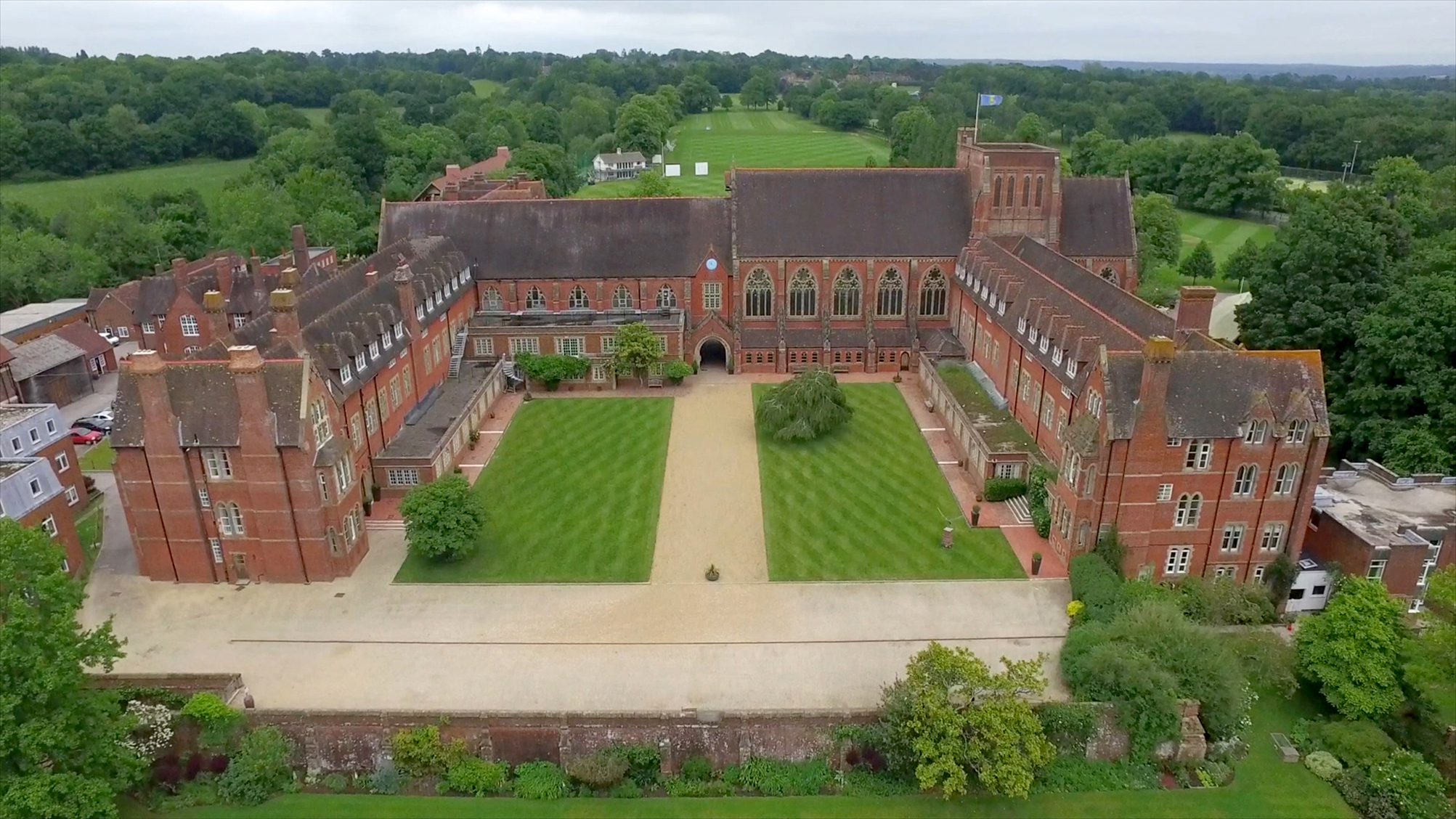 Aerial view of the main school building at Ardingly College