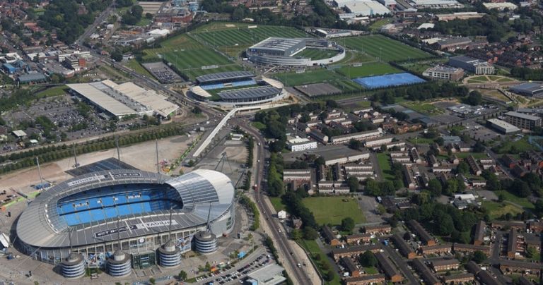 Aerial view of Manchester City Academy and Etihad Stadium