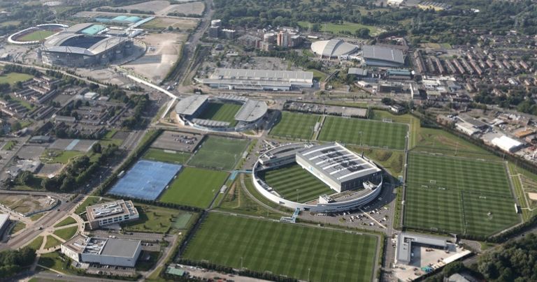 Aerial view of the Manchester City training academy and Etihad Stadium