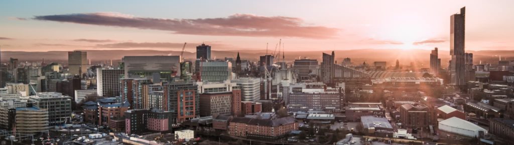 Manchester skyline at sunset