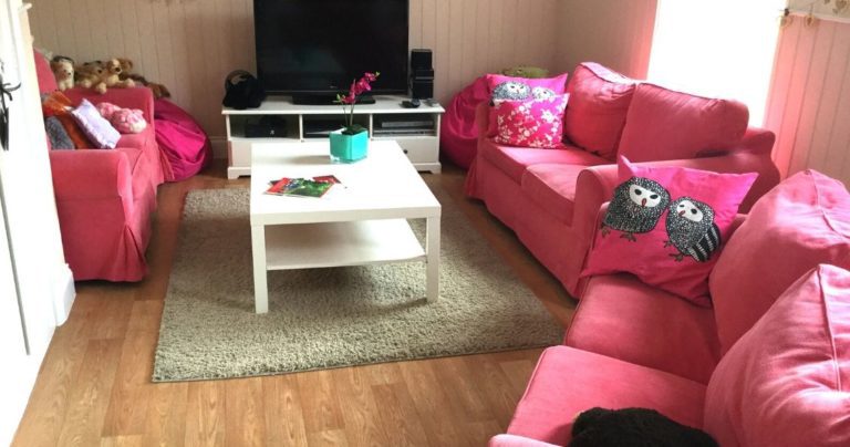 A cosy living room with pink furniture